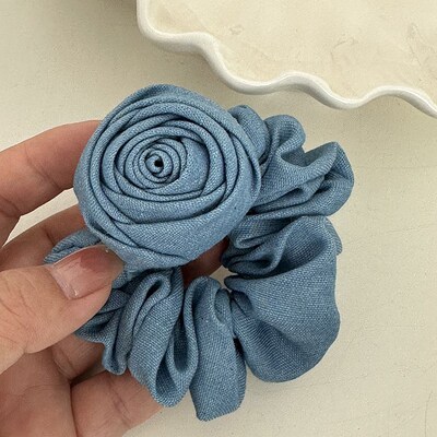 Blue Denim Fashion Square Flower Hair Scrunchie Elastic Pony