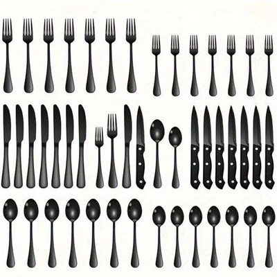 30-Piece Black Silverware Set With Steak Knives, Black Flatw