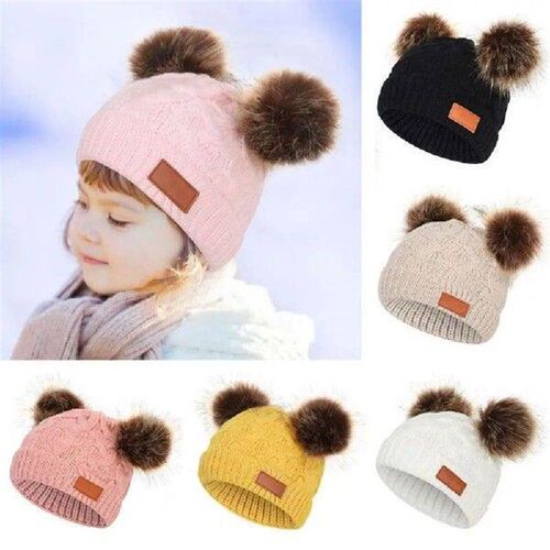Knitted Baby Pompom Beanie Cap Cute Soft Double Pompom Ski