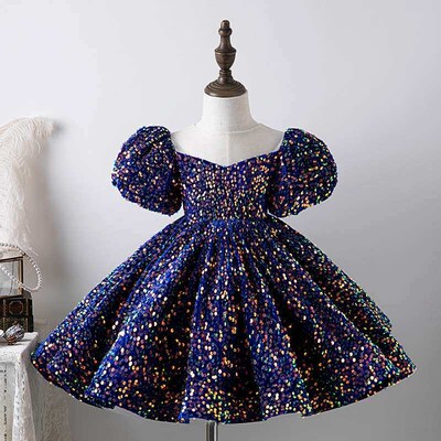Sequined Bue Sleeve Girls Dress Princess Dress Female Baby