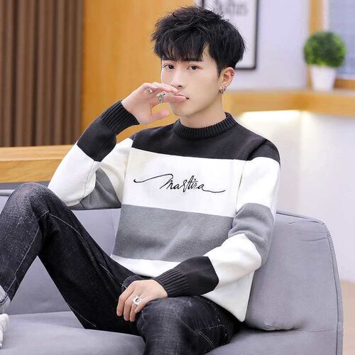 Mens Long Sleeve Round Neck Colorblock Letter Pullover Jacq