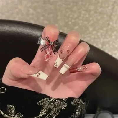 10Pcs French Ballerina Handmade Press on Nails Pink Bow Fake