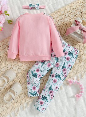 SpringFall Girls Casual Set Cute Infant Bow Top Floral Pants