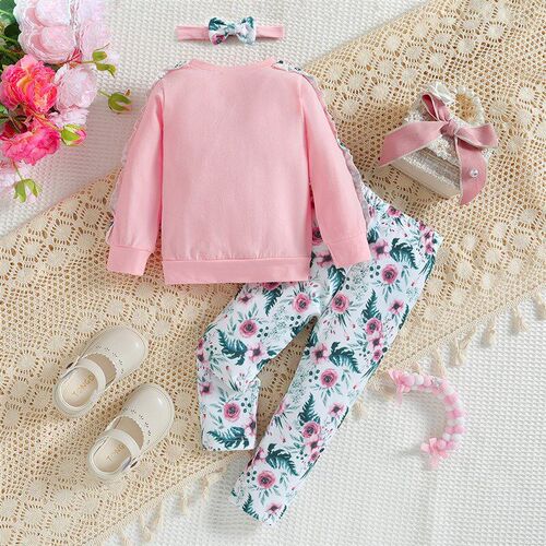 SpringFall Girls Casual Set Cute Infant Bow Top Floral Pants