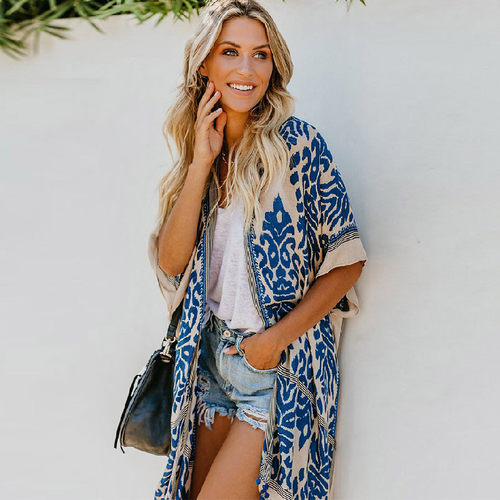 2021 Bohemian Printed V-neck Half Sleeve Plus Size Beach Wea