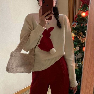 New Year Red Rabbit Pullover Sweater Womens Autumn and Wint