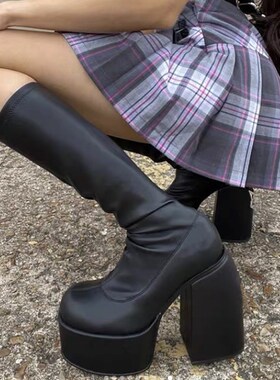 mainoov Women Boots High Heels Chunky Platform Black Big Siz