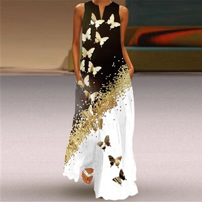 Ladies Summer Long Dress Women Black Sleeveless V-neck
