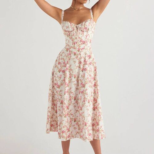 Women Summer Boho Spaghetti Straps Split Thigh Midi Dress Ti
