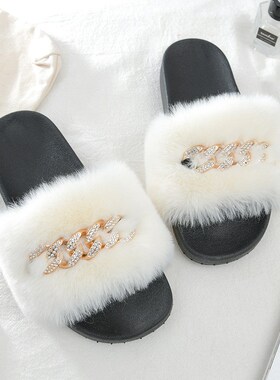 Metal Chains Oneword Slippers Women 2025 Summer Thickbottome