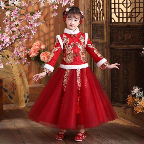 Hanfu Girls Princess Dress Set Winter Velvet Childrens Tan