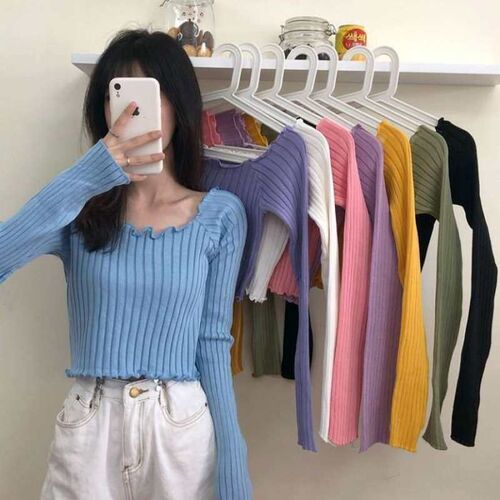 Autumn and winter new small tall waist cropped tops niche sq
