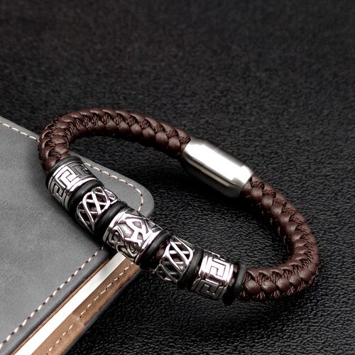 Punk Style Coffee Leather Bracelet 316L Stainless Steel 5 Vi
