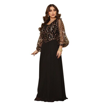 Luxury Abaya Party Black Dresses for Women Sequins Mesh Yarn