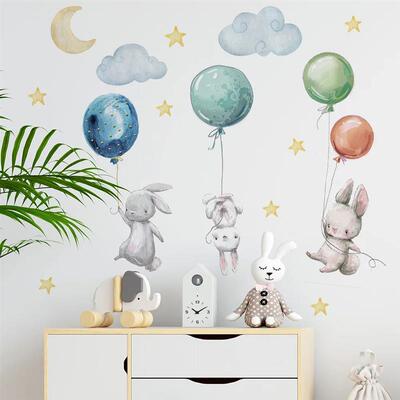 Cute Lovely Flying Rabbits Wall ers Balloons Moon Star Cloud