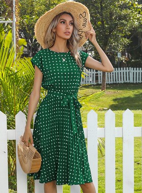 Summer MidLength Dress with Short Sleeves Tie Dots and Ruffl