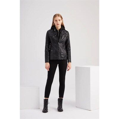 Faux Leather Jacket Women Motorcycle Coat for Biker with Rem