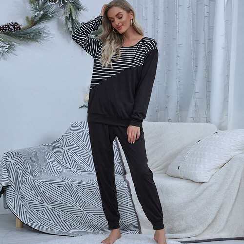Fashion Autumn and Winter Ladies Striped Casual Homewear Lon