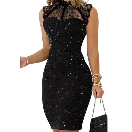 Summer Elegant Women Luxury Sequin Black Lace Dresses Evenin