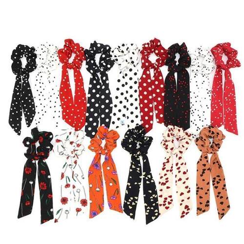 2023 Bohemian Polka Dot Floral Printed Ribbon Bow Hair Scrun