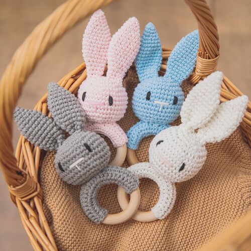 1PC Baby Rattle Toys Cartton Animal Crochet Wooden Rings Rat