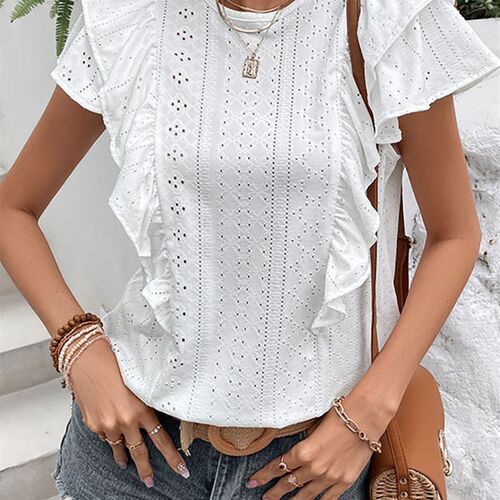 Summer White Blouse Women Fashion Short Sleeve Ruffled