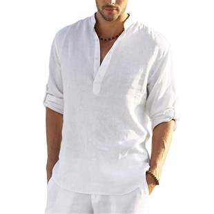 2022 New Mens Casual Blouse Cotton Linen Shirt Loose Tops L