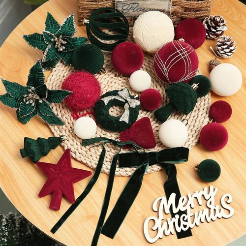38PCS New Velvet Christmas Ball Set Tree Ornaments Red And B