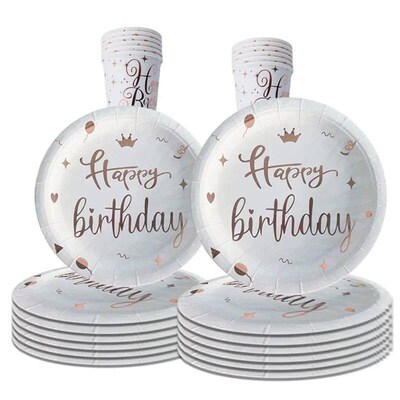 White Happy Birthday Disposable Tableware 10 Guests Rose Gol