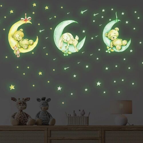 Tiny Cute Luminous Wall ers Teddy Bear on the Moon Stars Glo