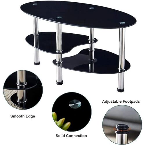 Oval-Shaped Glass Tea Table for Office, 3-Tier Storage rack