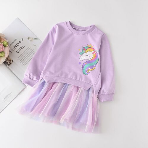 Unicorn Princess Dress Girls Autumn Spring Kids Cute Cartoon