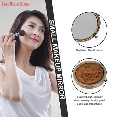 Wooden Carving Cosmetic Mirror Portable Makeup Mirror Compac
