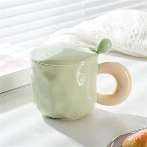 Cute Splicing Colors Ceramic Coffee Mug with Spoon