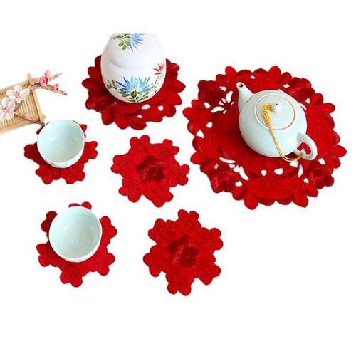 NEW red flower embroidery table place mat cloth tea coaster