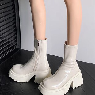 Winter Punk Boots Women High Heels Fashion Zippers Thick Bot