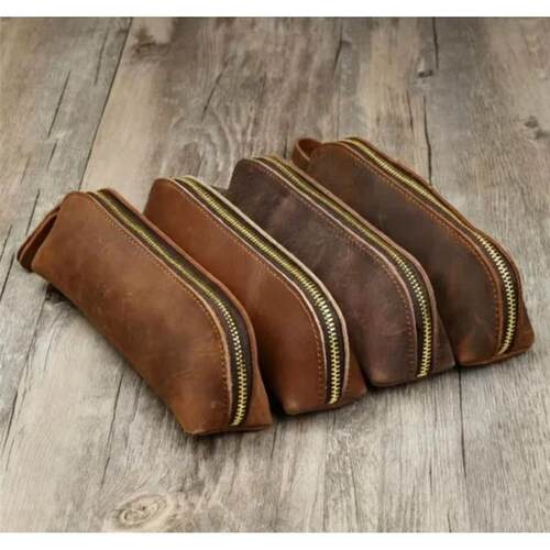 Vintage Coffee Leather Zipper Pencil Pen Pouch Bag - Small T