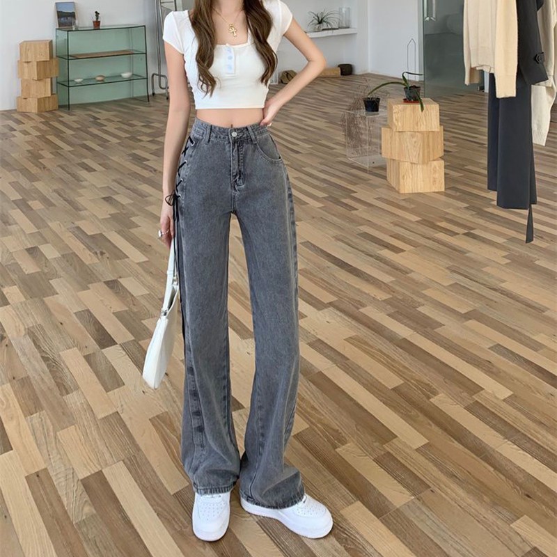 Black Gray Lace Up Design Jeans Women Vintage High Waist Str图片