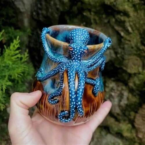 Portable Creative Deep Blue Octopus Mug Handmade Statue