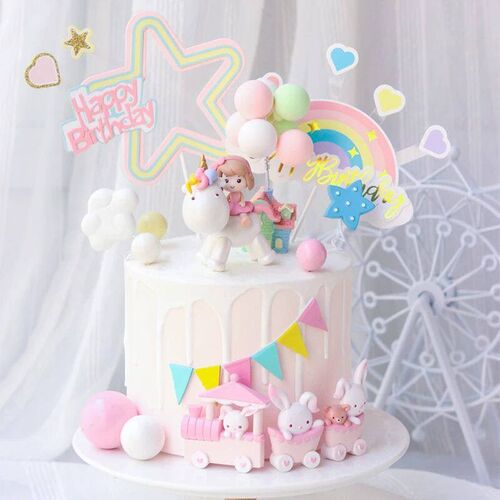 Unicorn Girl Cake Topper Happy Birthday Decoration Rainbow W