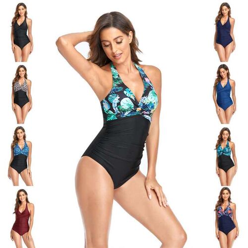 Womens Neck-hanging Strap One-piece Swimsuit Belly-covering