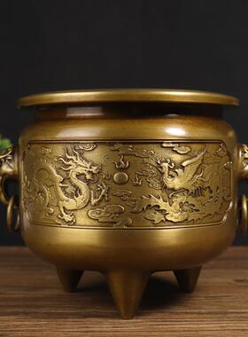 古玩铜器收藏 苏工黄铜高坛环耳三足香炉 家居装饰创意礼品工艺品