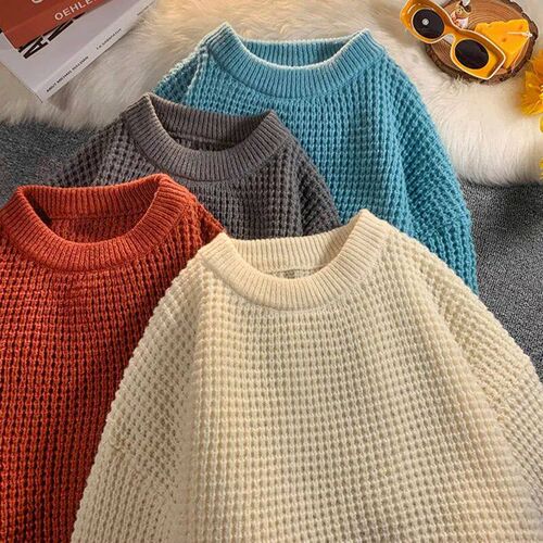 Privathinker Mens Waffle Sweaters Round Neck Solid Color Ko