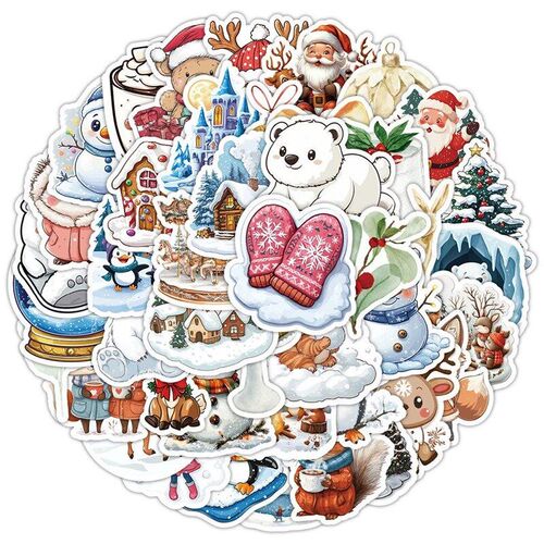 50PCS Christmas Stickers Cute Snowman Santa Claus Cartoon De