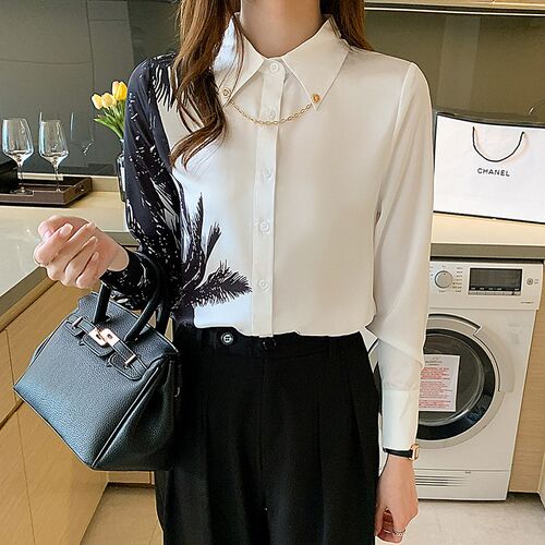 gkfnmt Women White Tops and Blouses Fashion Print Casual Lon