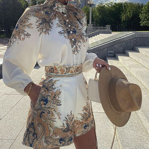 Shorts Suit Women Half High Neck Long Sleeve Fashion Vintage