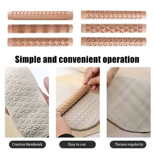 Wooden Rolling Pin With Texture Leaves Snowflake Water