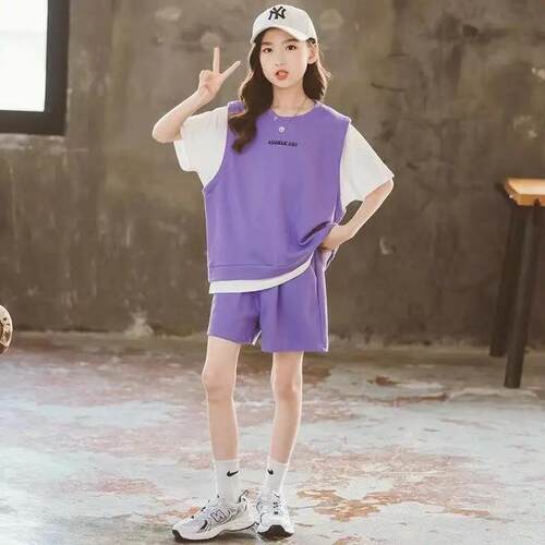 Girls New Summer Loose Thin Ventilate 2PCS Short Sleeve Tee+
