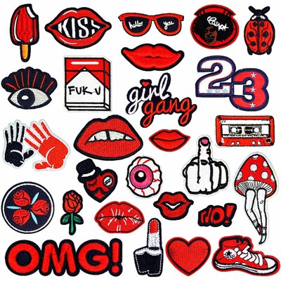 Iron on Patches for Clothing small Red Mouth Lip letter hand