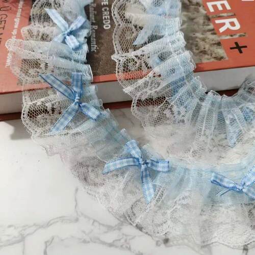 5CM Wide sky blue Embroidery Bow Flower Tulle Lace Fabric Ri